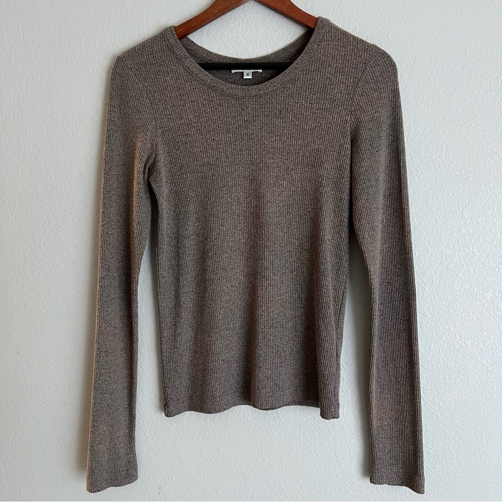 Agolde Womens Size M Taupe Maya Rib Scoop Neck Long Sleeve T-Shirt Top